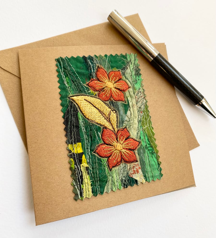 Up-cycled embroidered flower garden card. 