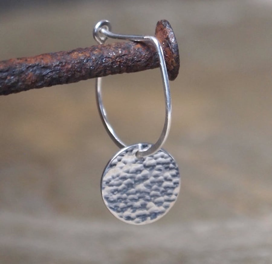 Sterling silver drop earrings with hammered disc 