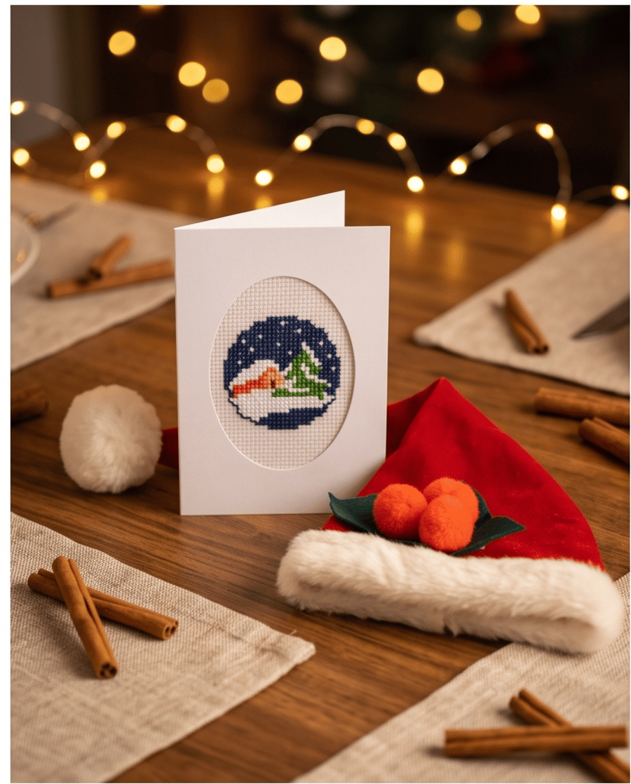Handmade Cross-Stitch Christmas Card – Cosy Winter Cabin in the Snow