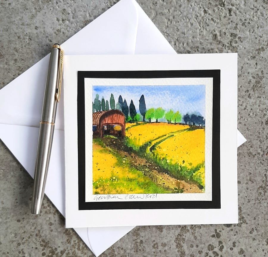 Rusty Barn. Yellow Fields. Handpainted Blank Card, Keepsake Gift. Spring Colours
