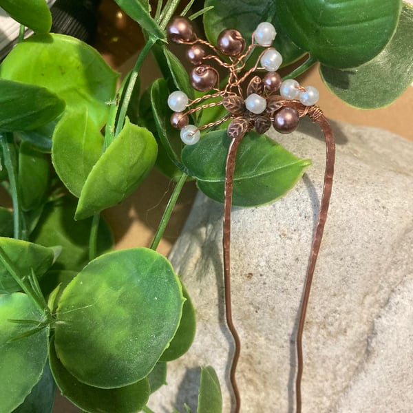 Hair Fork Pin - Solid Copper with Glass Pearls 