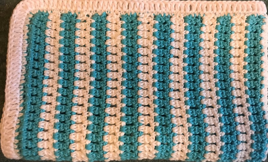 Crocheted Cot Crib Baby Blanket 100% Cotton - Blue & White