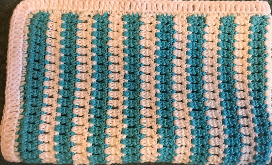 Crocheted Cot Crib Baby Blanket 100% Cotton - Blue & White
