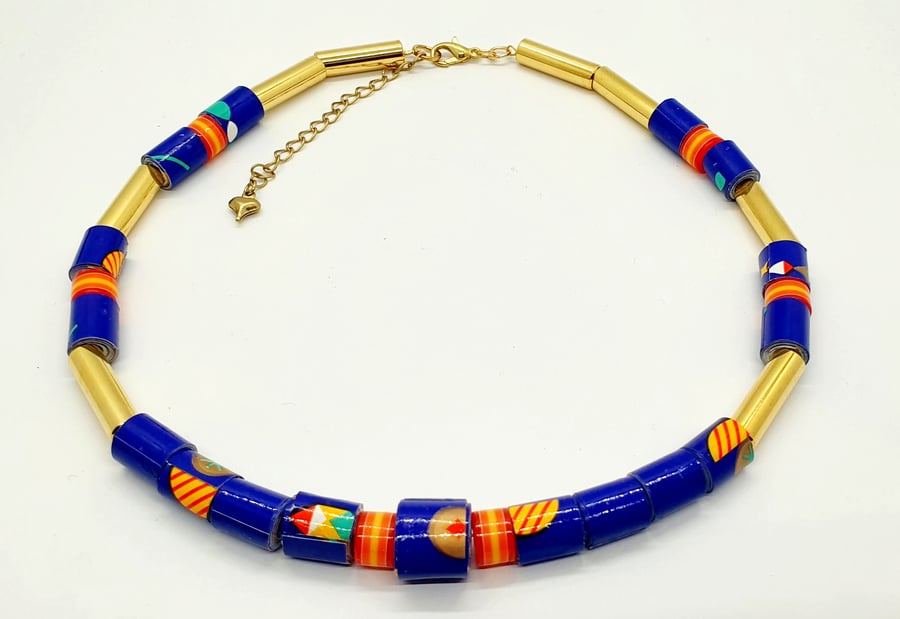 Stylish blue, orange and gold extendable paper beaded colar necklace