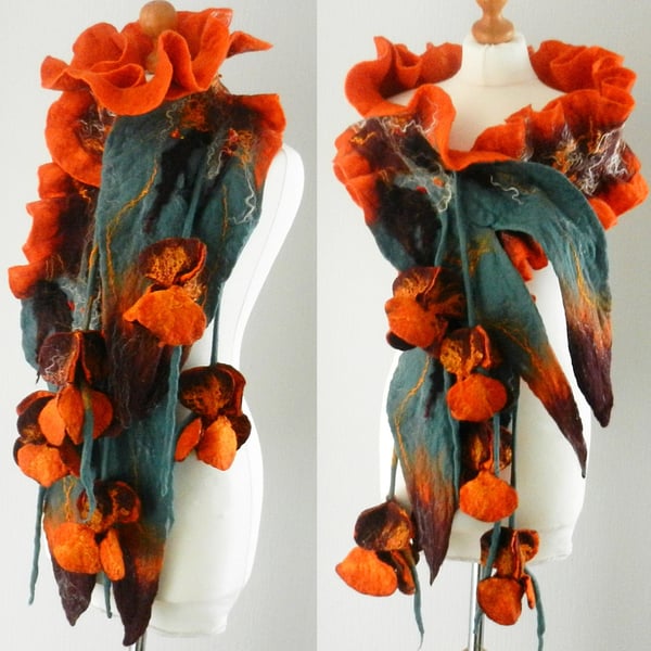 Hand Felted, Wool Jewelry scarf-100% WOOL MERINO- iris-