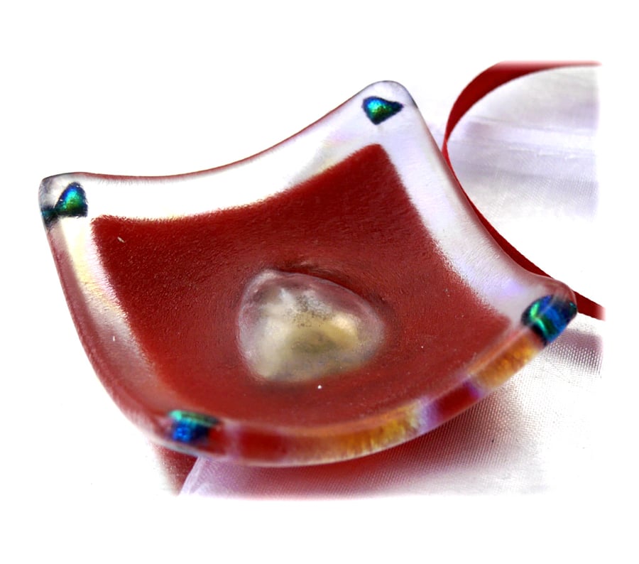Red Heart Earring Ring Dish Fused Glass 6.5cm Dichroic 