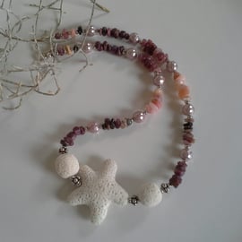Natural Lava Rock,  Raw Ruby, Tourmaline, Opal, Pearl Silver Plate Necklace