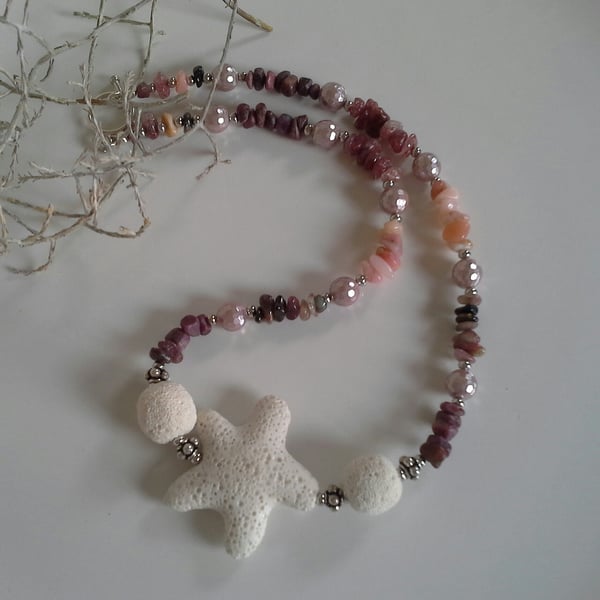 Star Lava Rock,  Raw Ruby, Tourmaline, Opal & Shell Pearl Silver Plate Necklace