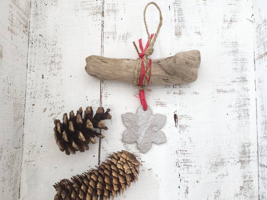 Christmas decoration,  pottery and driftwood, snowflake decoration