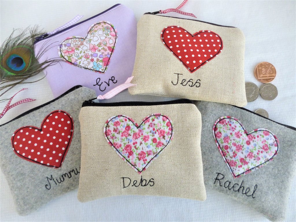 Personalised Heart Coin Purse - Wallet or Pouch with Choice of Colours & name