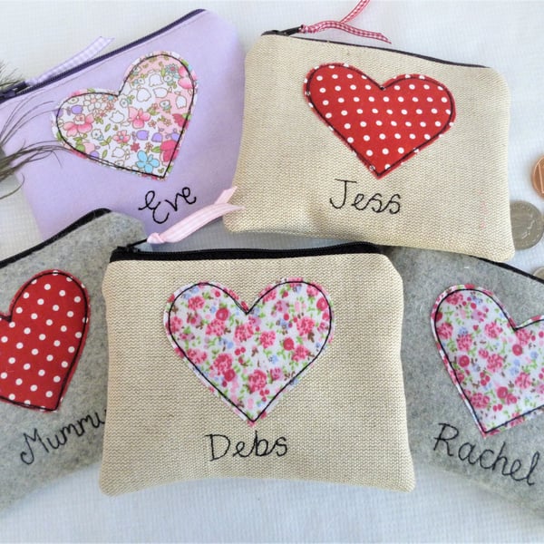 Personalised Heart Coin Purse - Wallet or Pouch with Choice of Colours & name