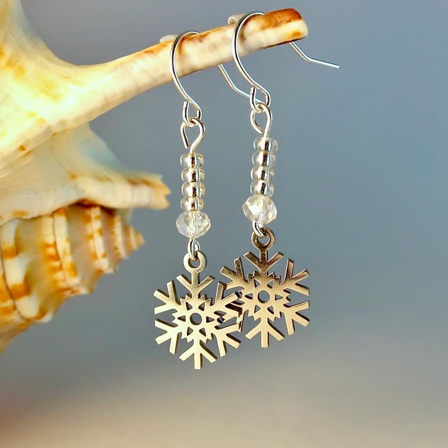Snowflake Earrings With Sparkly Glass, Christmas Jewellery Gift, Stocking Filler