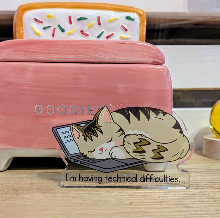 Funny Cat Desk Standee, Sleeping Laptop Kitty, Acrylic Office Decor, Remote Work