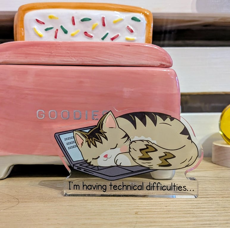 Funny Cat Desk Standee, Sleeping Laptop Kitty, Acrylic Office Decor, Remote Work