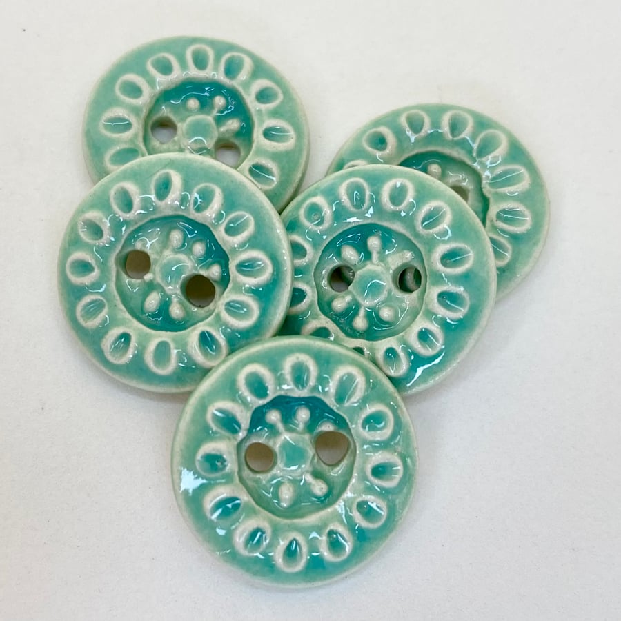 Set of five handmade ceramic buttons turquoise