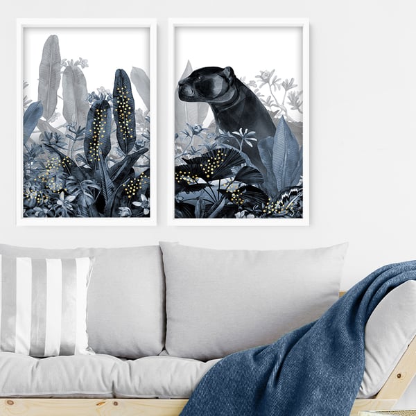 Jungle Animals Set of 2 art Print, Tropical Gold Home Decor wall hanging, Office