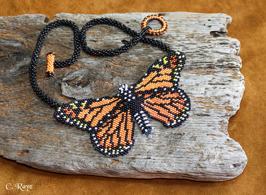 Large Monarch Butterfly Pendant Necklace Made in Seed Beads & Czech Crystals