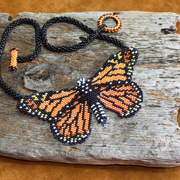 Large Monarch Butterfly Pendant Necklace Made in Seed Beads & Czech Crystals