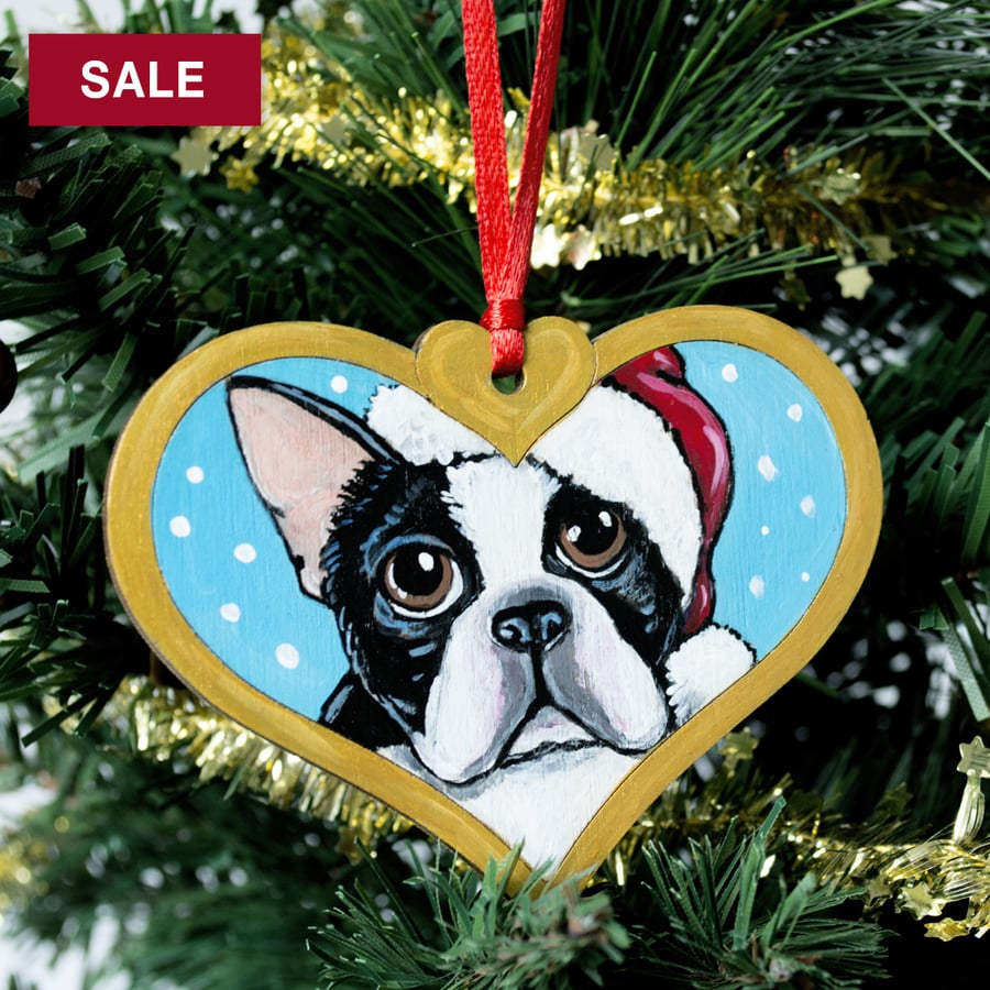 Hand Painted Boston Terrier Christmas Tree Decoration