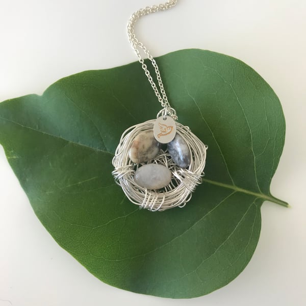 Handmade Birds Nest pendant necklace with semi precious Agate beads