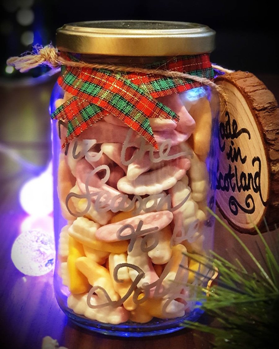 Personalised Sweet Jar Gift with Christmas decoration, Hand Crafted in Scotland