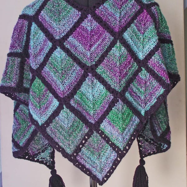 Shawl, Scarf, Wrap, Knitted Handspun, Purple, Pink, Blue, Green, Merino Wool