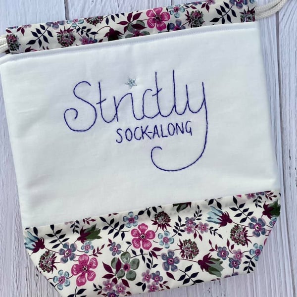 'Strictly Sock-Along' Project Bag with Hand Embroidery - Dark Purple
