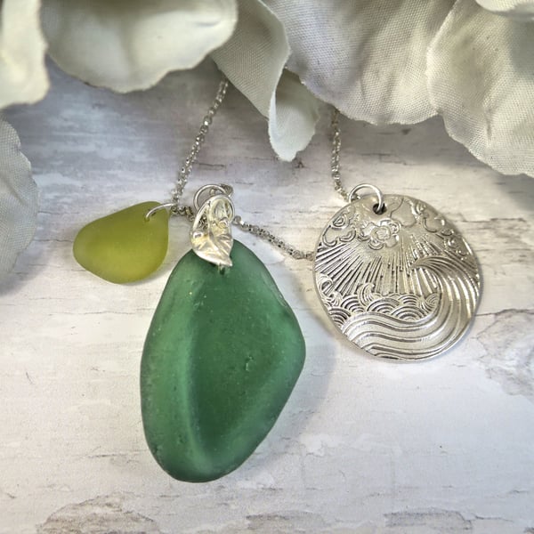 Green Waves Scottish Sea Glass and Silver Necklace