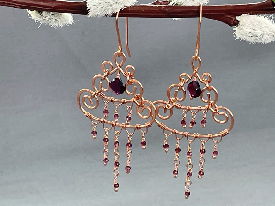Elegant Sparkly Vintage Style Garnet Chandelier Copper Earrings