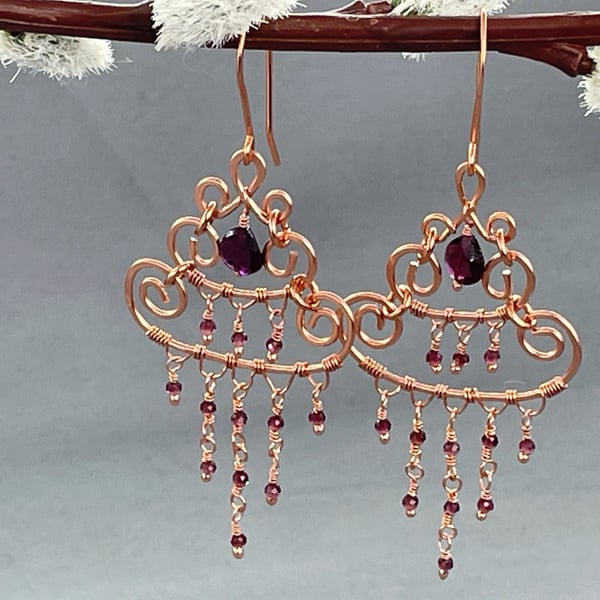 Elegant Sparkly Vintage Style Garnet Chandelier Copper Earrings