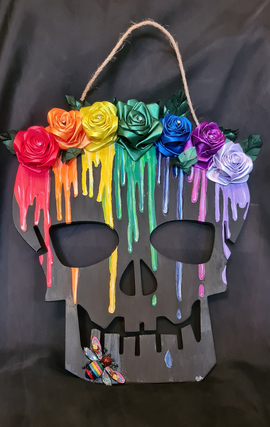 Gorgeous Large Skull Wall Hanger with Rainbow Roses