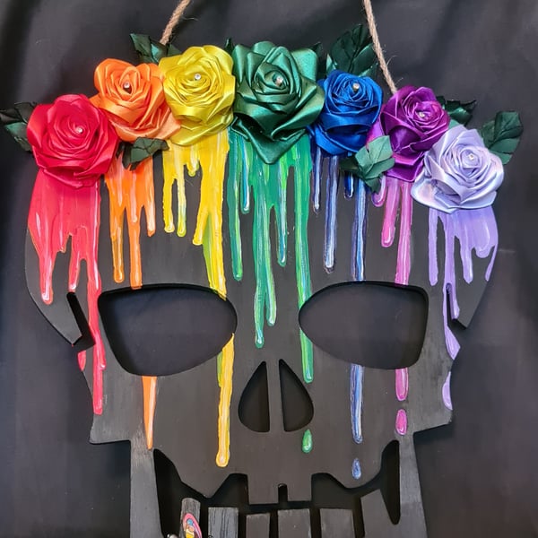 Gorgeous Large Skull Wall Hanger with Rainbow Roses