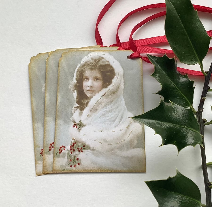GIFT TAGS . Winter. Christmas. ( set of 3).Vintage style . ' Victorian Miss'.