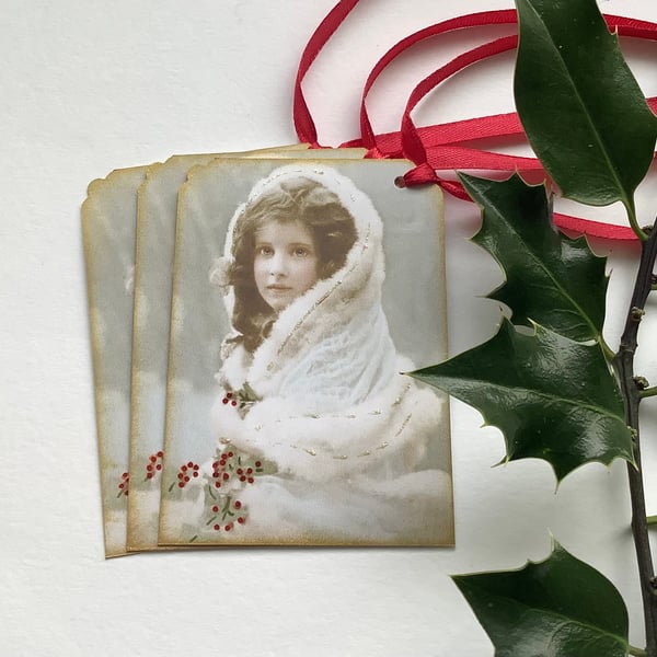GIFT TAGS . Winter. Christmas. ( set of 3).Vintage style . ' Victorian Miss'.