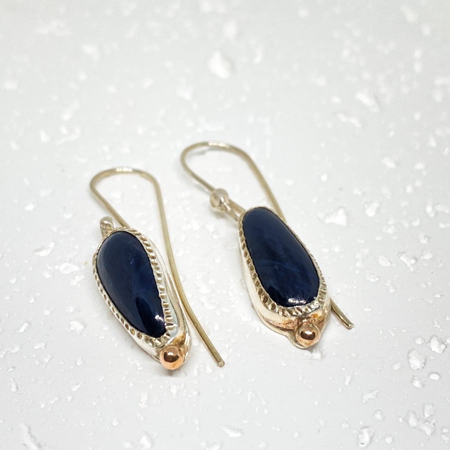 Sapphire Dangle Silver and Gold Earrings Handmade 