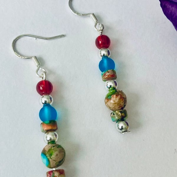 Sterling Silver Earrings with Natural Imperial Jasper Semi Precious Stone 