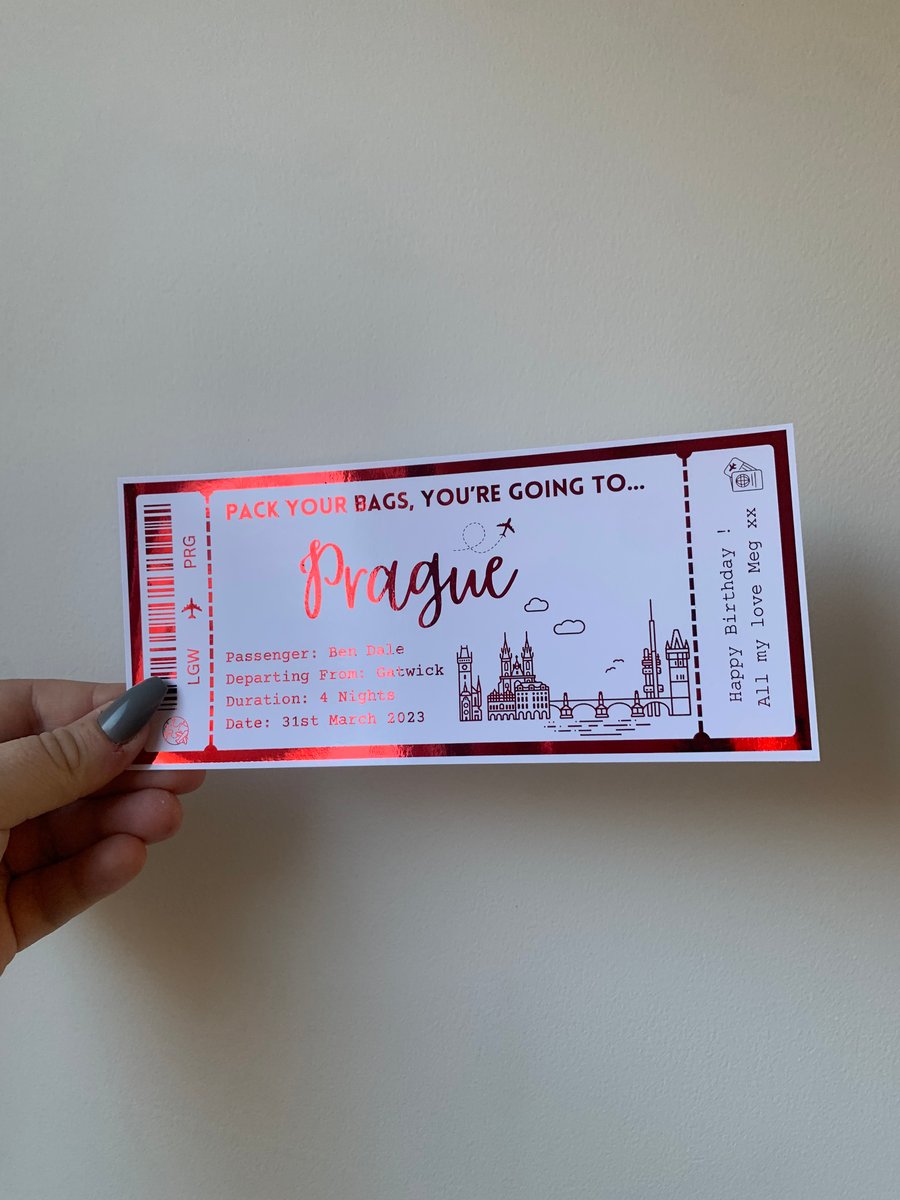 Prague Boarding Pass, Any Personalised Holiday Foil Gift Ticket Voucher