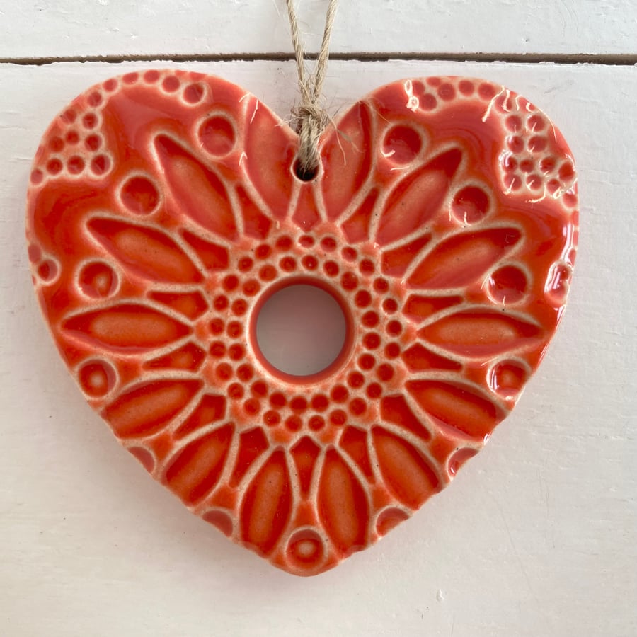 Small Pottery heart decoration dark orange