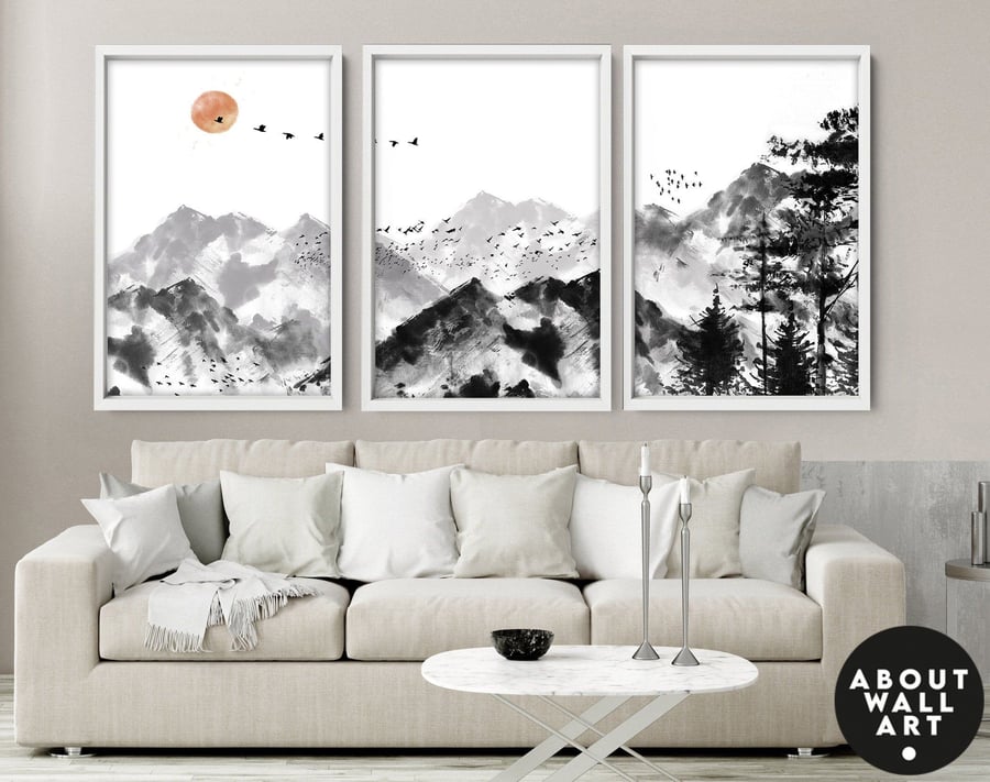 Watercolor Minimal Landscape Mountain Set of 3 Prints, Home Decor Wall Art, Abov