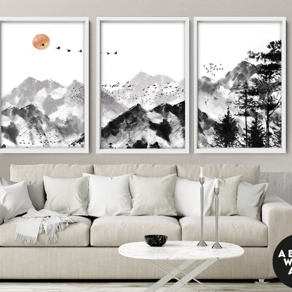 Watercolor Minimal Landscape Mountain Set of 3 Prints, Home Decor Wall Art, Abov