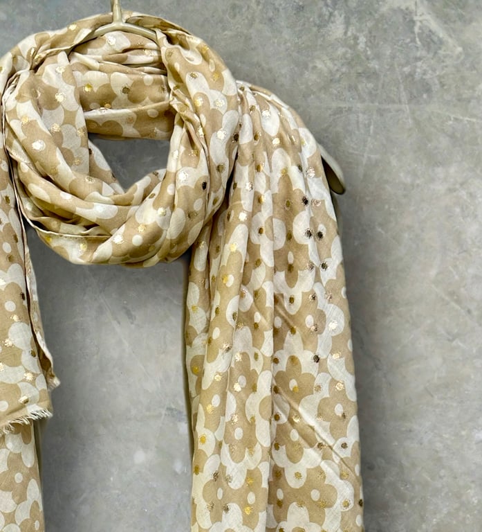 Chic Beige Retro Floral Scarf with Gold Accent for All season,Great Gift for Her