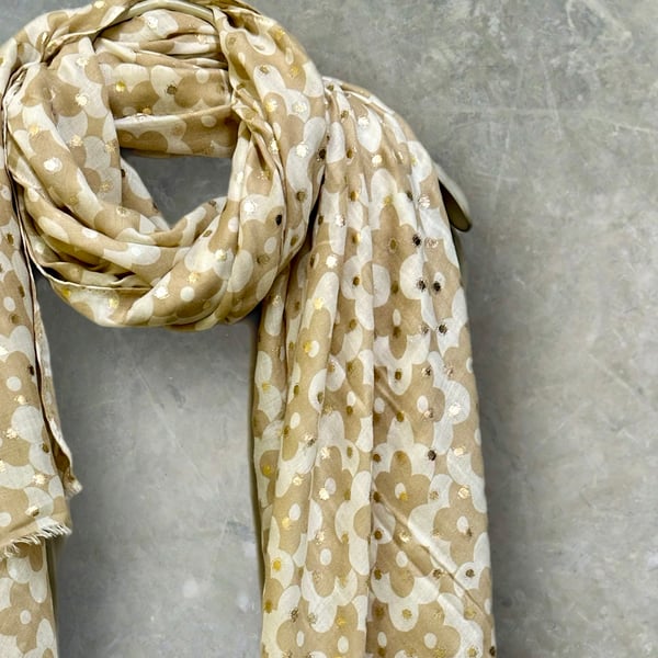 Chic Beige Retro Floral Scarf with Gold Accent for All season,Great Gift for Her