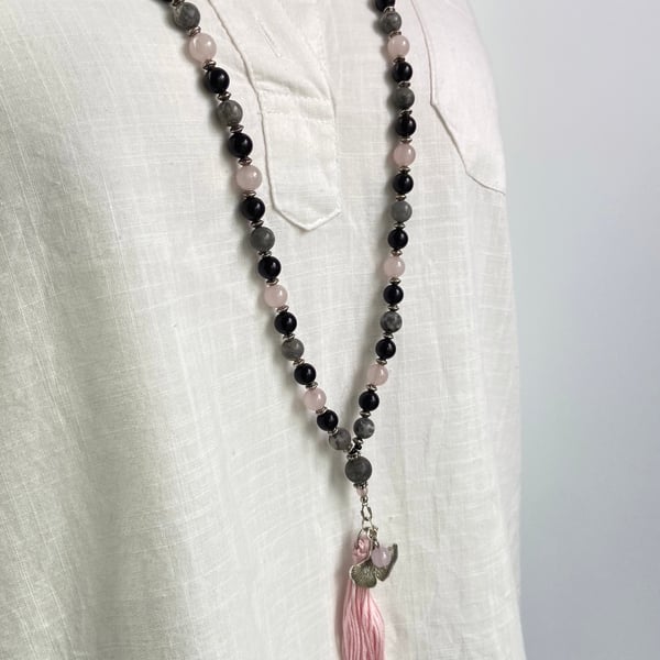 Grey Jasper And Rose Quartz 108 bead Mala Necklace