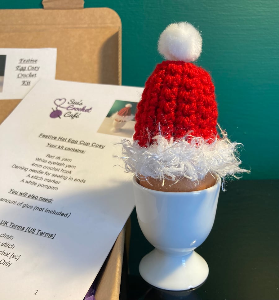 Crochet Kit: Santa Hat Christmas Egg Cosy. Designed by tutor and pattern tested.