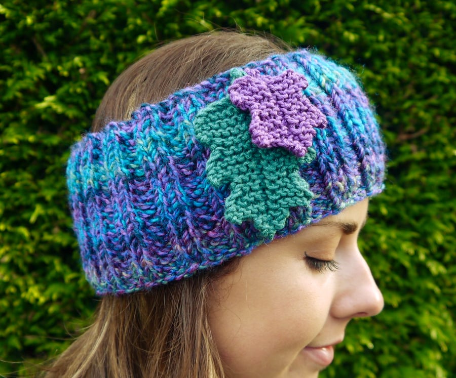 Oak Leaf Headband, Teal and Purple Ear Warmers
