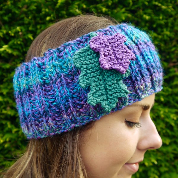 Oak Leaf Headband, Teal and Purple Ear Warmers
