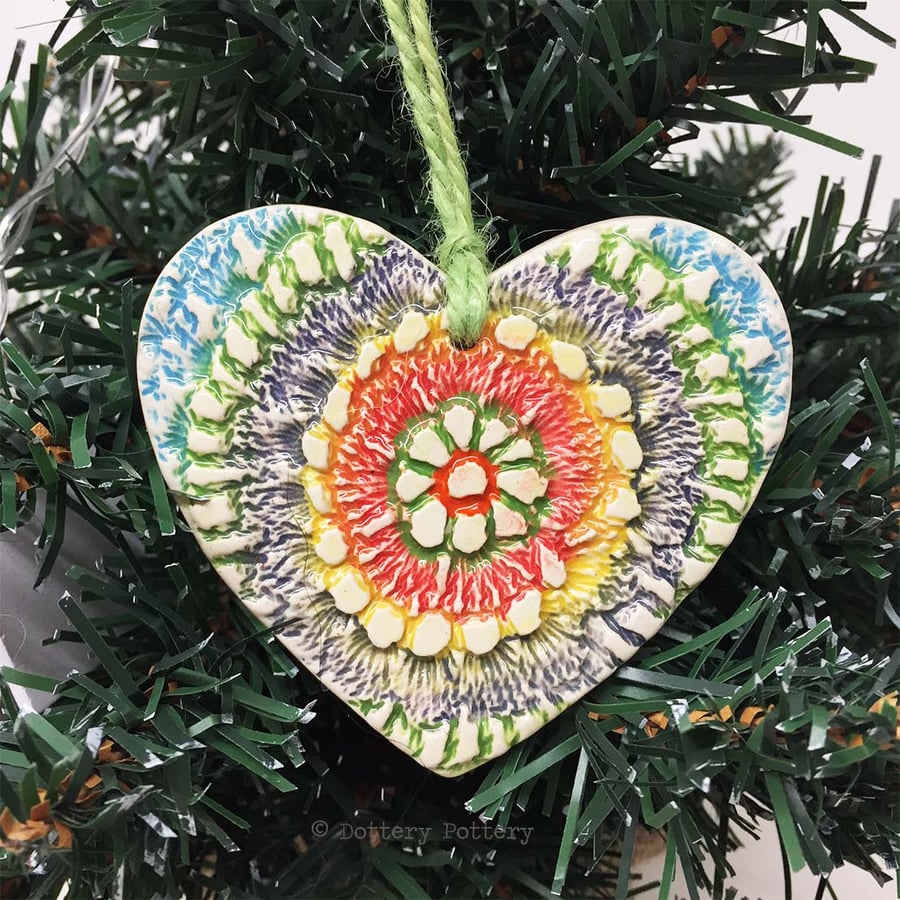 Christmas decoration pottery heart bright patterned heart Xmas decoration