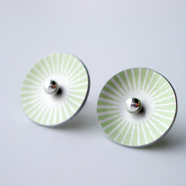 SALE -  Green and silver sunburst circle studs