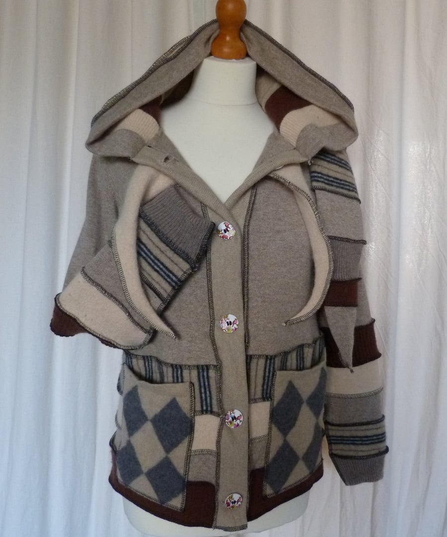 REDUCED Medium Upcycled Sweater Wool Hoodie with Buttons Hood and Patch Pockets