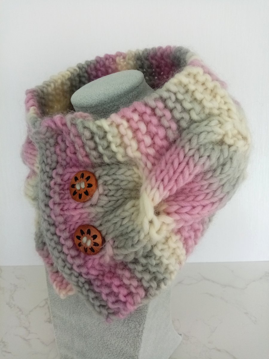 Pure Norwegian Viking Wool Cable Knit Neck Warmer in Misty Pink, Handmade Scarf
